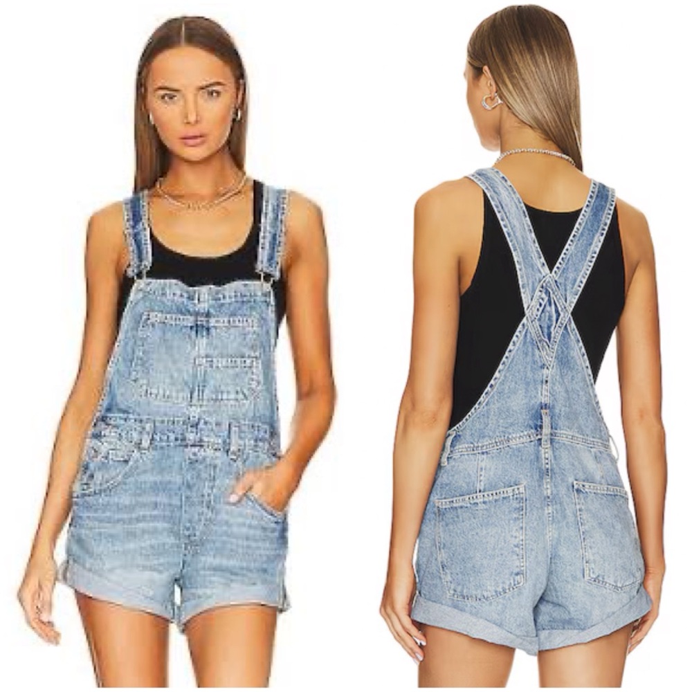 We The Free Light Blue Denim Short Overalls